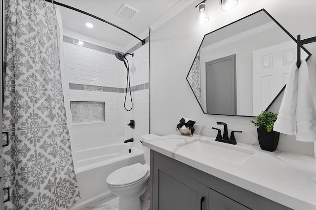 163 W Village Knoll Cir, The Woodlands, TX 77381 - full bath with crown molding, vanity, shower / bath combo with shower curtain, marble look tile flooring, and recessed lighting