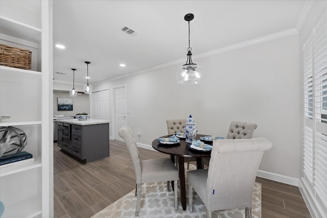 163 W Village Knoll Cir, The Woodlands, TX 77381 - dining area featuring ornamental molding, wood tiled floors, and recessed lighting