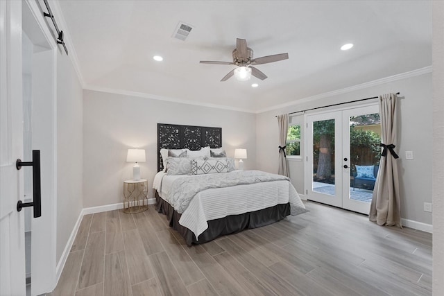 163 W Village Knoll Cir, The Woodlands, TX 77381 - bedroom featuring french doors, access to exterior, light wood-type flooring, crown molding, and recessed lighting