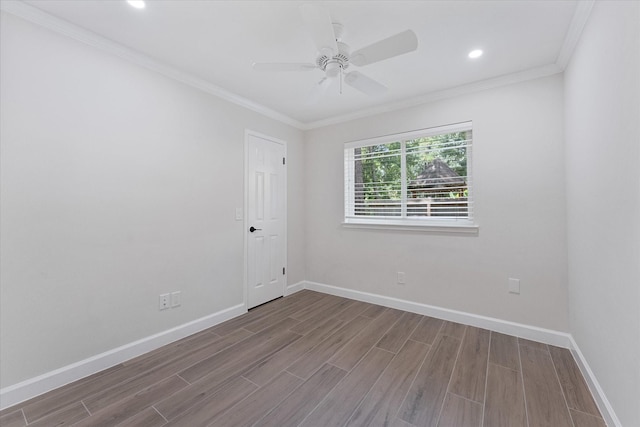 163 W Village Knoll Cir, The Woodlands, TX 77381 - unfurnished room featuring wood finished floors, ornamental molding, ceiling fan, and recessed lighting