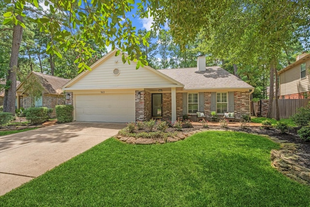 163 W Village Knoll Cir, The Woodlands, TX 77381 - ranch-style house with brick siding, concrete driveway, an attached garage, roof with shingles, and a chimney