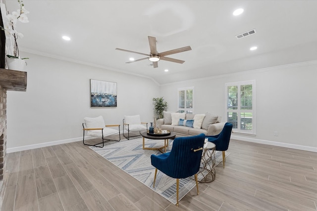 163 W Village Knoll Cir, The Woodlands, TX 77381 - living area with ornamental molding, light wood-style floors, a ceiling fan, and recessed lighting