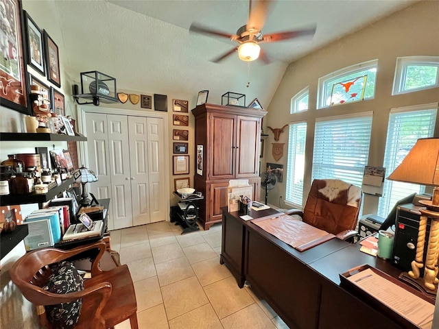51 S Trillium Ct, Lake Jackson, TX 77566 - home office with ceiling fan, vaulted ceiling, and light tile patterned floors