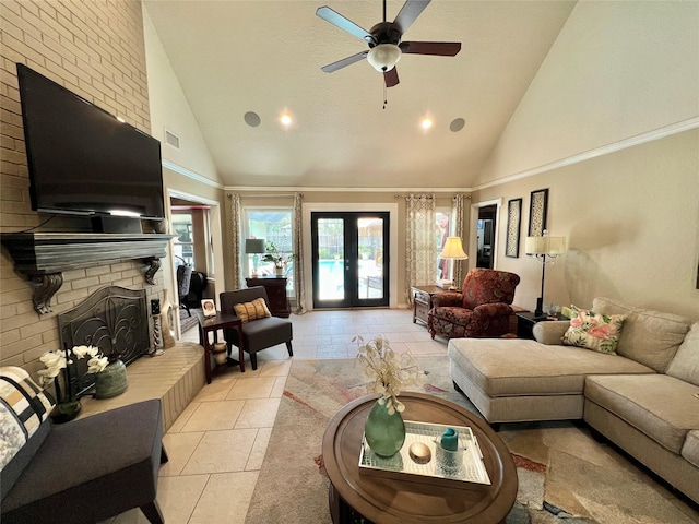 51 S Trillium Ct, Lake Jackson, TX 77566 - living area with high vaulted ceiling, a fireplace, ceiling fan, french doors, and recessed lighting