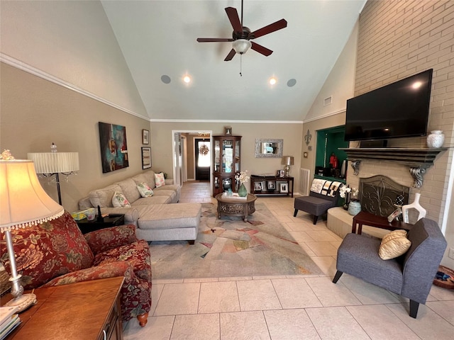 51 S Trillium Ct, Lake Jackson, TX 77566 - living room with high vaulted ceiling, a ceiling fan, a brick fireplace, and light tile patterned floors