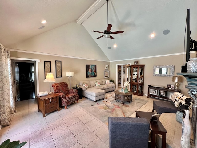 51 S Trillium Ct, Lake Jackson, TX 77566 - living room with ceiling fan, high vaulted ceiling, light tile patterned flooring, beamed ceiling, and ornamental molding