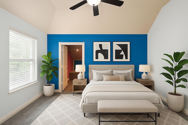 28915 Crested Butte Dr, Katy, TX 77494 - carpeted bedroom featuring vaulted ceiling and a ceiling fan