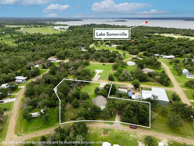 505 Sage Brush Dr, Somerville, TX 77879 - aerial overview of property's location featuring a nearby body of water and property parcel outlined