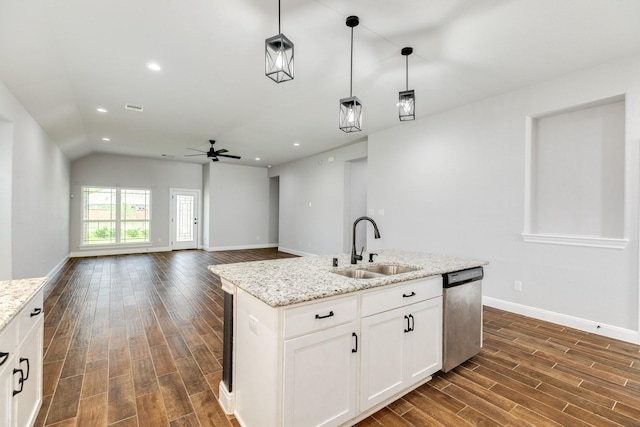 133 Water Grass Trl, Clute, TX 77531 - kitchen featuring dishwasher, dark wood-type flooring, a ceiling fan, hanging light fixtures, and recessed lighting