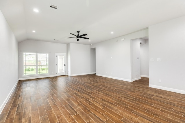 133 Water Grass Trl, Clute, TX 77531 - unfurnished living room featuring a ceiling fan, dark wood finished floors, recessed lighting, and lofted ceiling