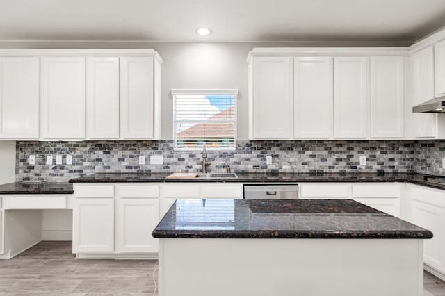 14910 High Meadow Ln, Baytown, TX 77523 - kitchen with dishwasher, white cabinets, dark stone counters, backsplash, and recessed lighting