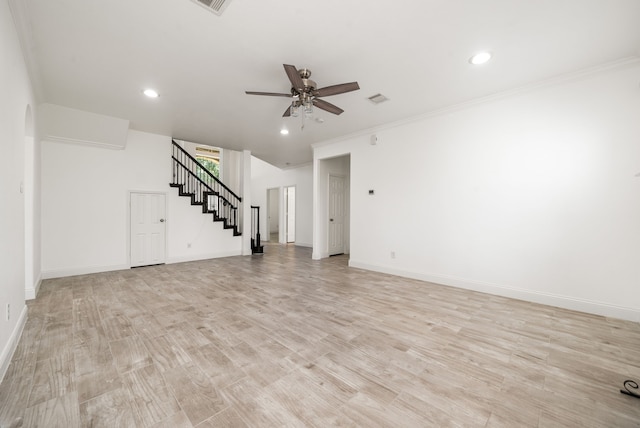 14910 High Meadow Ln, Baytown, TX 77523 - unfurnished living room with a ceiling fan, stairs, light wood-style floors, recessed lighting, and ornamental molding