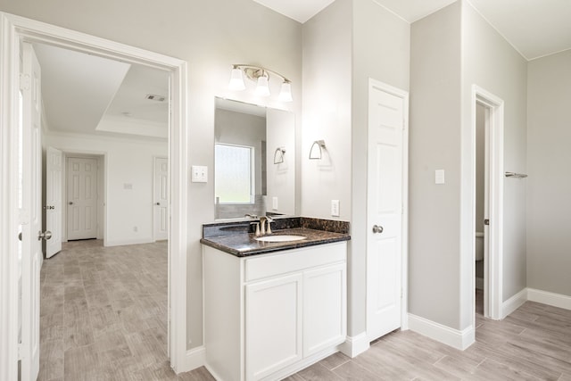 14910 High Meadow Ln, Baytown, TX 77523 - bathroom with wood finished floors, vanity, and ornamental molding