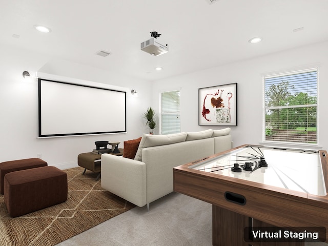 14910 High Meadow Ln, Baytown, TX 77523 - cinema room with light colored carpet and recessed lighting
