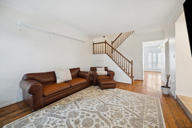 5940 Woodway Place Ct, Houston, TX 77057 - living room featuring stairs, hardwood / wood-style flooring, ornamental molding, and a ceiling fan
