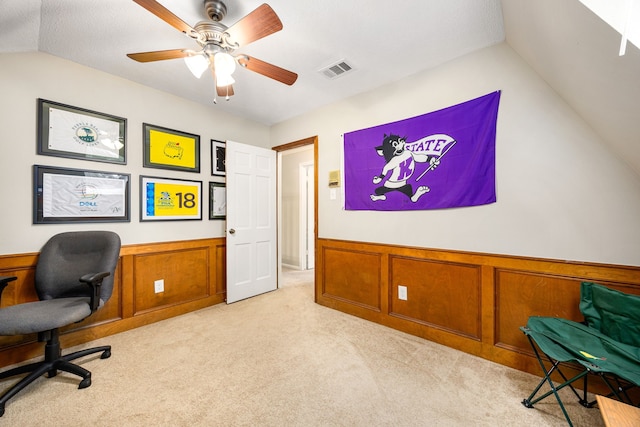 9727 Godstone Ln, Spring, TX 77379 - office area featuring lofted ceiling, a wainscoted wall, light colored carpet, and ceiling fan