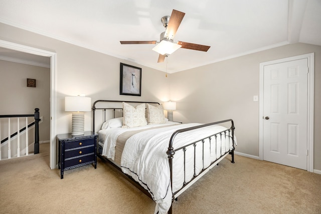 9727 Godstone Ln, Spring, TX 77379 - bedroom with light carpet, ceiling fan, and ornamental molding