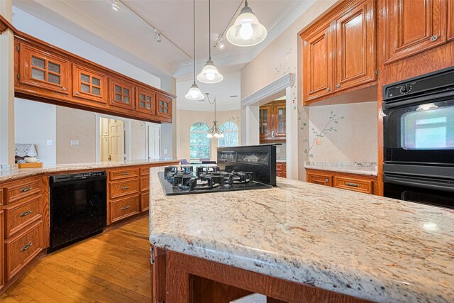 3665 Maranatha Dr, Sugar Land, TX 77479 - kitchen featuring black appliances, brown cabinets, light wood finished floors, rail lighting, and ornamental molding