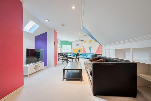 3665 Maranatha Dr, Sugar Land, TX 77479 - living area featuring a skylight, carpet flooring, recessed lighting, and ceiling fan