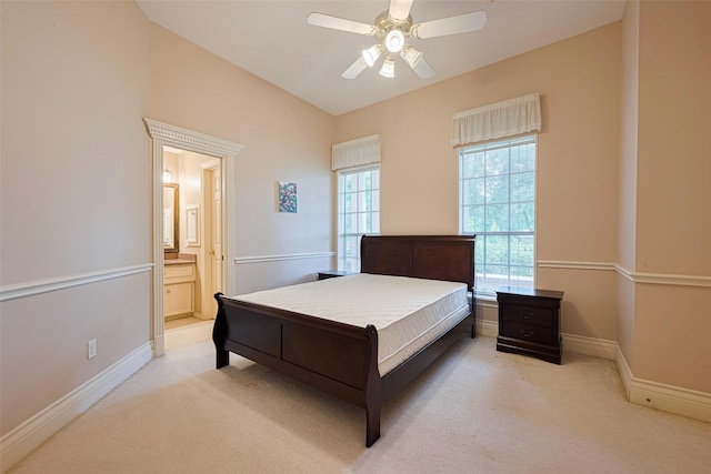 3665 Maranatha Dr, Sugar Land, TX 77479 - bedroom with carpet flooring, connected bathroom, and a ceiling fan