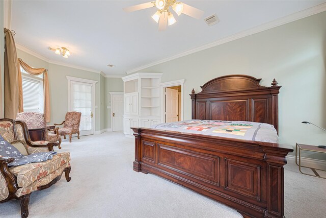 3665 Maranatha Dr, Sugar Land, TX 77479 - bedroom featuring light colored carpet, ornamental molding, and ceiling fan