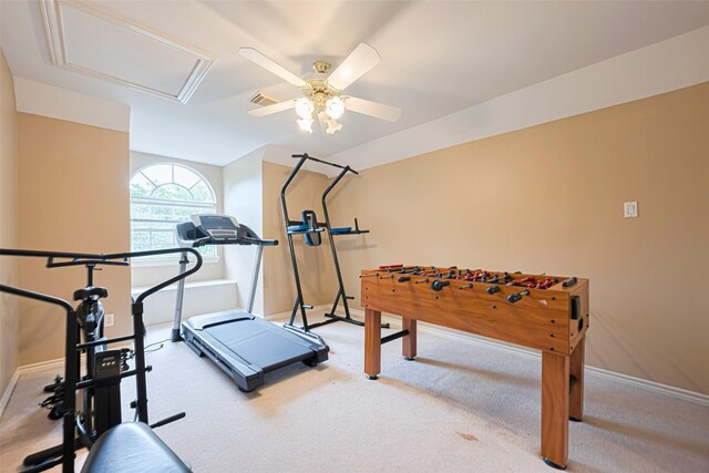 3665 Maranatha Dr, Sugar Land, TX 77479 - workout room featuring ceiling fan and carpet