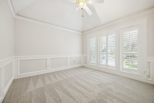 4404 Wendell St, Bellaire, TX 77401 - empty room featuring a decorative wall, carpet, ceiling fan, a wainscoted wall, and ornamental molding