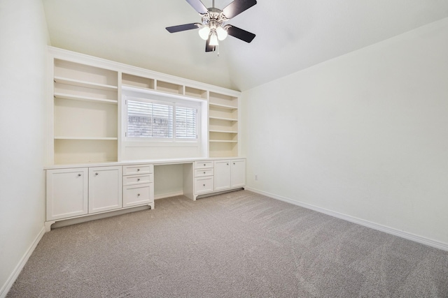 4404 Wendell St, Bellaire, TX 77401 - unfurnished office with built in desk, light carpet, a ceiling fan, and lofted ceiling