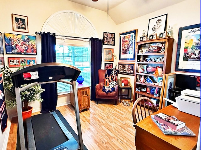 8010 N Tarrytown Crossing Dr, Conroe, TX 77304 - office space with wood finished floors, lofted ceiling, and ceiling fan