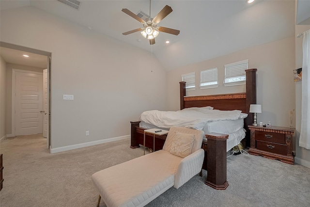 11527 Taagan Ln, Richmond, TX 77407 - bedroom featuring light colored carpet, lofted ceiling, recessed lighting, and a ceiling fan