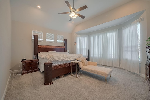 11527 Taagan Ln, Richmond, TX 77407 - carpeted bedroom featuring multiple windows, vaulted ceiling, and a ceiling fan