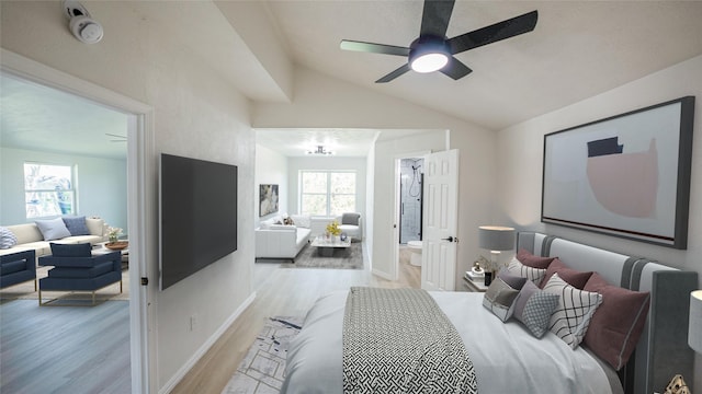 14223 Edenglen Dr, Houston, TX 77049 - bedroom featuring light wood-type flooring, multiple windows, connected bathroom, and vaulted ceiling