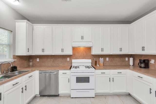 5822 Santa Bernadetta, Houston, TX 77017 - kitchen featuring white gas stove, stainless steel dishwasher, under cabinet range hood, and white cabinetry