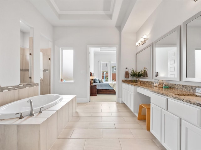 10814 Avery Arbor Ln, Cypress, TX 77433 - full bathroom with a shower stall, double vanity, a garden tub, tile patterned floors, and ensuite bathroom