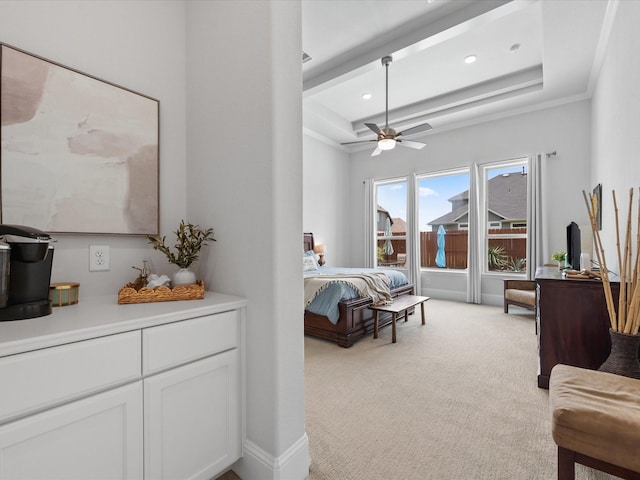 10814 Avery Arbor Ln, Cypress, TX 77433 - bedroom featuring light carpet, recessed lighting, beam ceiling, and a ceiling fan