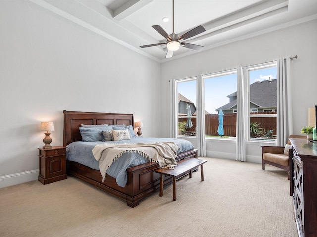10814 Avery Arbor Ln, Cypress, TX 77433 - bedroom with light colored carpet, beam ceiling, and a ceiling fan