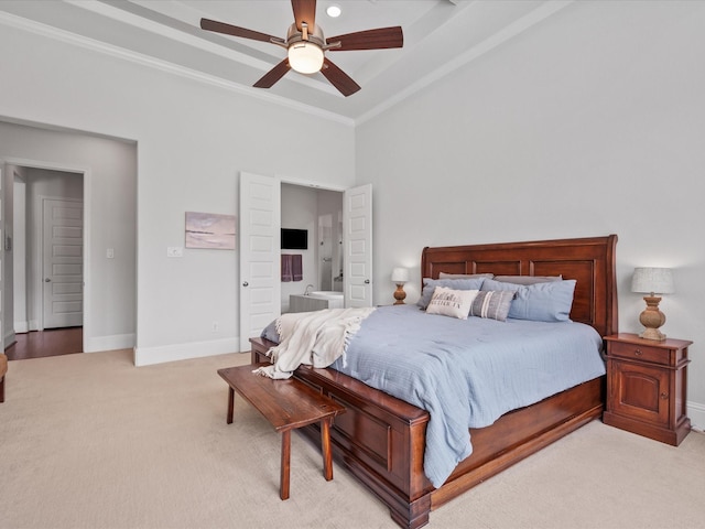 10814 Avery Arbor Ln, Cypress, TX 77433 - bedroom featuring light colored carpet, a towering ceiling, ensuite bathroom, ornamental molding, and a ceiling fan