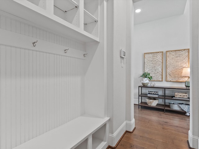 10814 Avery Arbor Ln, Cypress, TX 77433 - mudroom featuring dark wood-style flooring and baseboards
