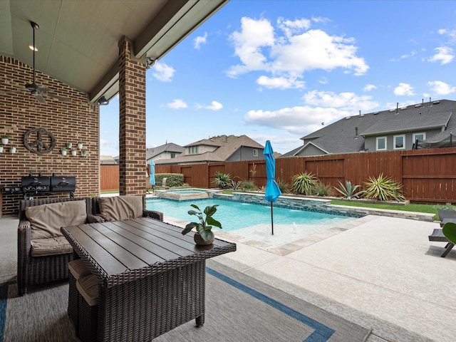 10814 Avery Arbor Ln, Cypress, TX 77433 - view of pool with a fenced backyard, a patio, a pool with connected hot tub, area for grilling, and a residential view