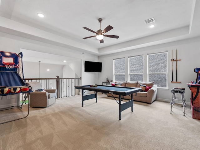 10814 Avery Arbor Ln, Cypress, TX 77433 - playroom with a ceiling fan, light colored carpet, a tray ceiling, and recessed lighting
