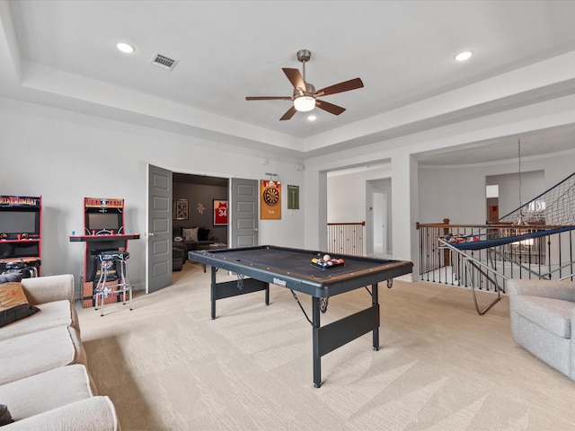 10814 Avery Arbor Ln, Cypress, TX 77433 - playroom with light colored carpet, a ceiling fan, a tray ceiling, and recessed lighting