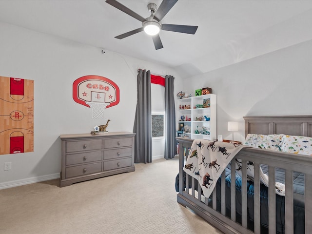 10814 Avery Arbor Ln, Cypress, TX 77433 - bedroom featuring light carpet, vaulted ceiling, and ceiling fan