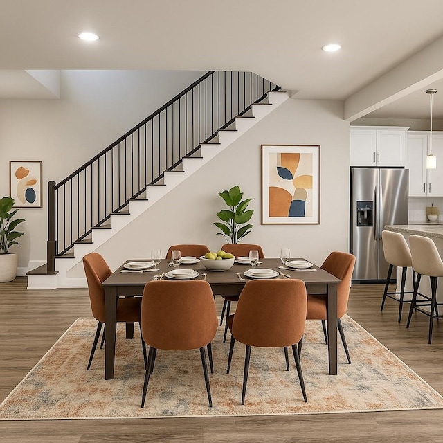 4301 Clover St, Houston, TX 77051 - dining room featuring light wood finished floors, stairway, and recessed lighting
