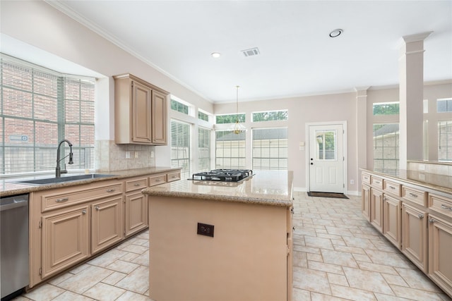 3102 Stargate Ct, Houston, TX 77068 - kitchen featuring stainless steel appliances, stone tile floors, crown molding, a center island, and decorative backsplash