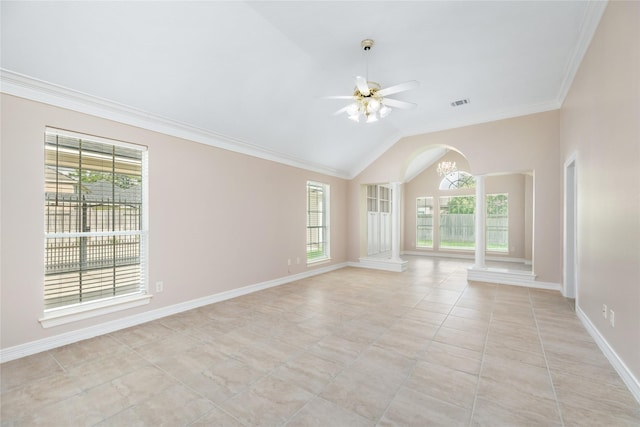 3102 Stargate Ct, Houston, TX 77068 - empty room with crown molding, arched walkways, lofted ceiling, a ceiling fan, and light tile patterned flooring