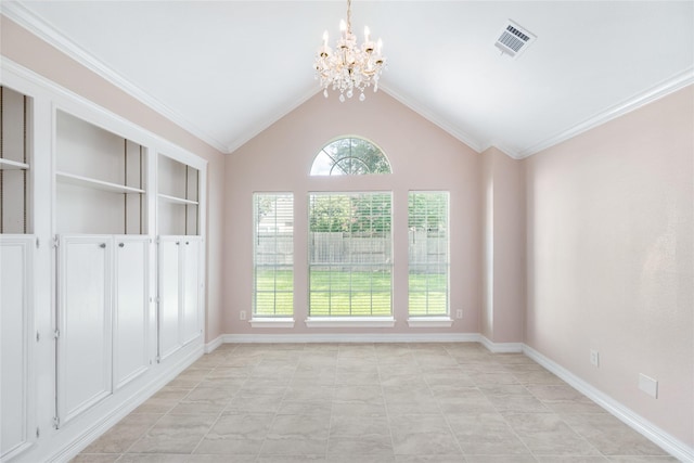 3102 Stargate Ct, Houston, TX 77068 - unfurnished room with a chandelier, vaulted ceiling, and crown molding