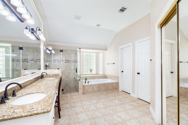 3102 Stargate Ct, Houston, TX 77068 - full bath with a shower stall, a garden tub, double vanity, crown molding, and lofted ceiling