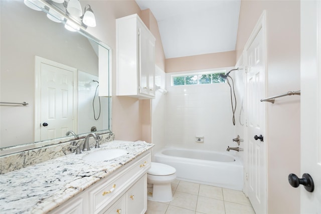 3102 Stargate Ct, Houston, TX 77068 - full bath with vanity, washtub / shower combination, tile patterned flooring, and lofted ceiling