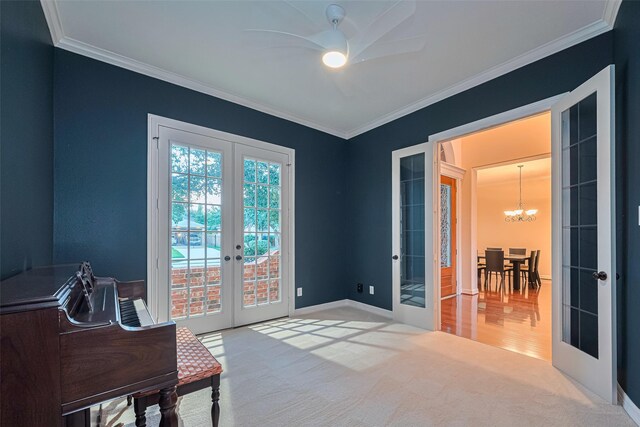 8707 Crossriver Ln, Houston, TX 77095 - bedroom with french doors, crown molding, access to outside, carpet flooring, and a chandelier