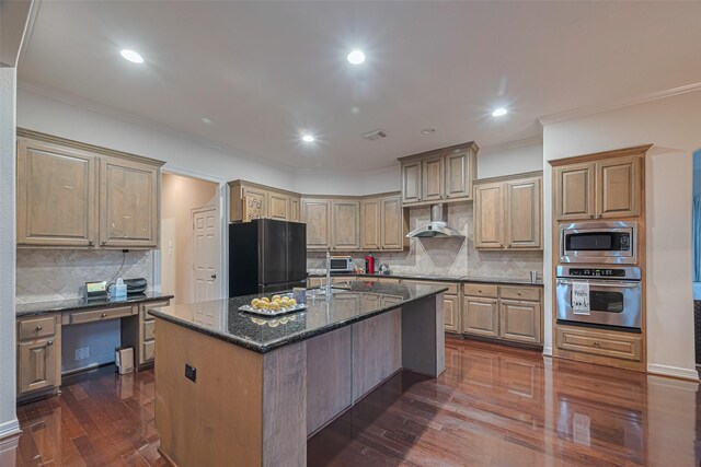 8707 Crossriver Ln, Houston, TX 77095 - kitchen featuring black appliances, wall chimney range hood, dark wood finished floors, backsplash, and dark stone countertops